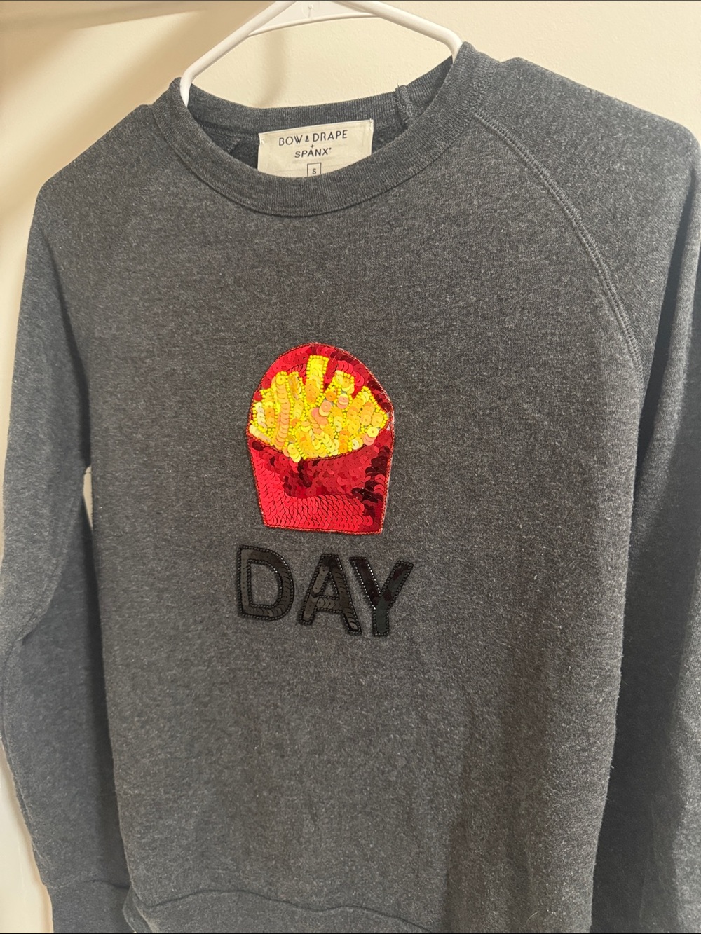 Bow & Drape Gray Sweatshirt with Sequin Fry Patch